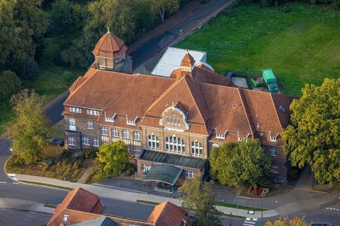 Aerial view, LVR Clinic, House Business Administration and Kitchen on Buchenweg, autumnal forest,