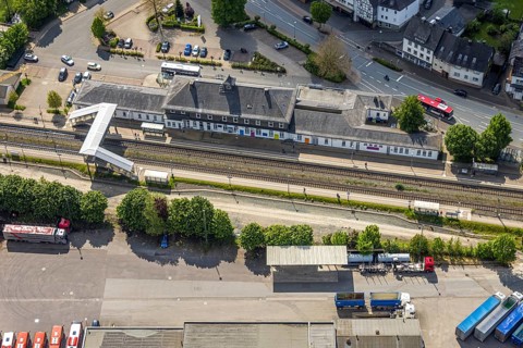 Aerial view, Bestwig railway station, Deutsche Bahn AG, construction site with construction crane,