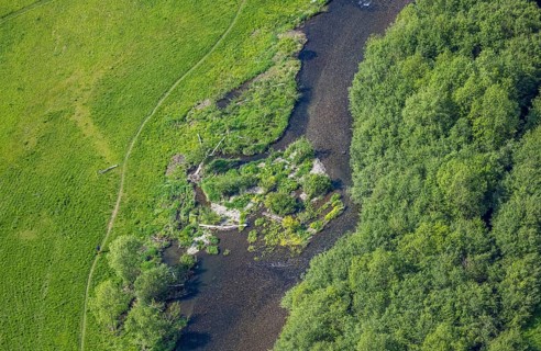 Aerial view, nature reserve Ruhrauen near Bestwig, river Ruhr and stones with grass bushes,