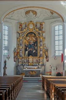 Main altar in the Roman Catholic parish church of the Assumption of the Virgin Mary in Gebrazhofen,