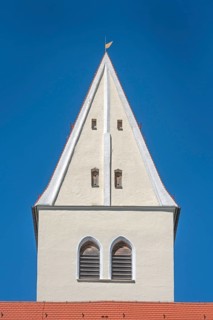 Pointed gable tower of the Roman Catholic parish church of the Assumption of the Virgin Mary in