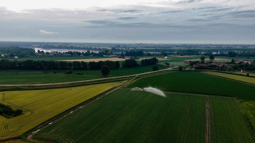 Aerial view of sophisticated sprinkler irrigation systems nurturing lush green soybean crops across