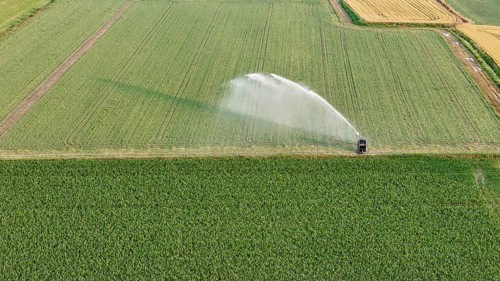 Irrigation system watering soybeans during springtime in the fertile Po Valley region of Northern