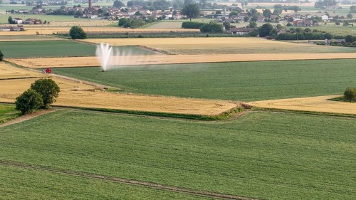 Agricultural irrigation system spraying water on a soybean field during springtime in Italy's