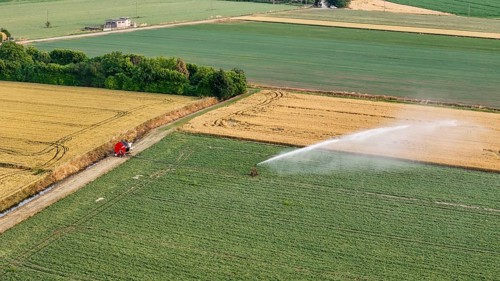 Automated Irrigation System Sprays Water on Lush Green Soybean Fields in Italy During Springtime
