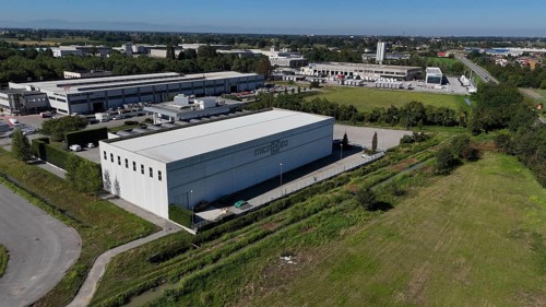 Cremona, Italy August 22nd 2025 Aerial shot revealing modern data center facility, highlighting