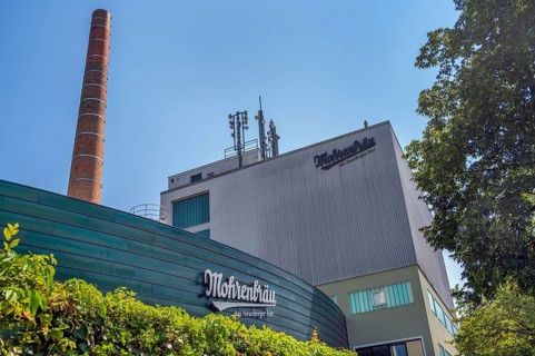 Façade with chimney and antennas, Mohrenbräu, Dornbirn, Vorarlberg, Austria