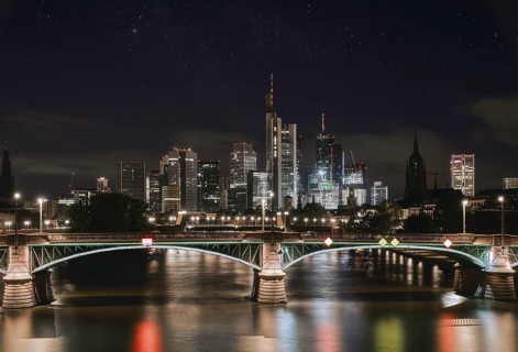 Frankfurt skyline at night over the Main, illuminated under the stars, city centre, Frankfurt am