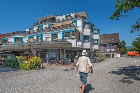 Blue-grey interlocking façades with awnings, Dornbirn, Vorarlberg, Austria