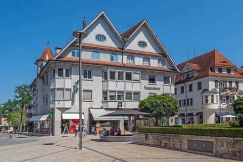 Pointed gable house with turrets, Sagmeister fashion house on the market square, Dornbirn,