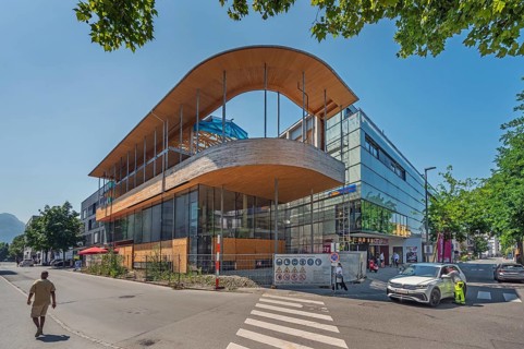 New building with timber roofing, Dornbirn, Vorarlberg, Austria