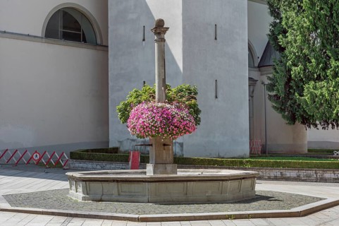 St Martin's Fountain with floral decorations at the parish church of St Martin, Dornbirn,