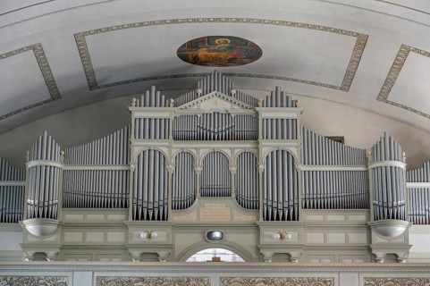 The Roman Catholic parish church of St Martin, interior with organ loft, Behmann organ and ceiling