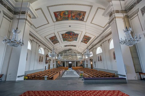 The Roman Catholic parish church of St Martin, interior with organ loft, Behmann organ and ceiling