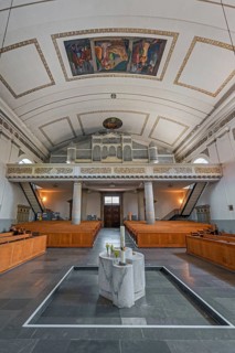 The Roman Catholic parish church of St Martin, interior with organ loft, Behmann organ, ceiling