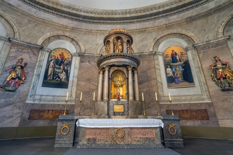 The Roman Catholic parish church of St Martin, interior with altar and wall frescoes, Dornbirn,