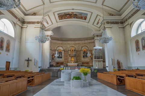 The Roman Catholic parish church of St Martin, altar with floral decorations, interior, Dornbirn,