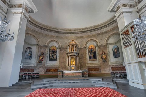 The Roman Catholic parish church of St Martin, interior with altar and wall frescoes, Dornbirn,