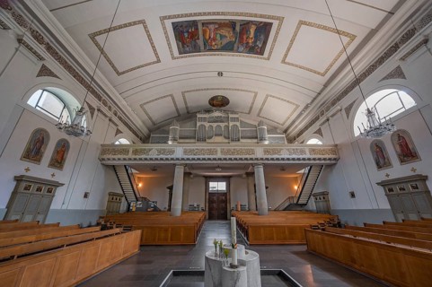 The Roman Catholic parish church of St Martin, interior with organ loft, Behmann organ, ceiling