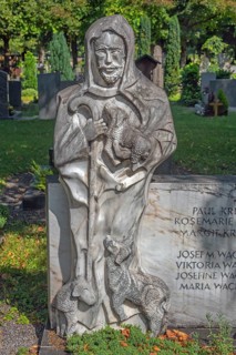 Gravesite with stone figure, the good shepherd with lambs, catholic cemetery, Kempten, Allgäu,