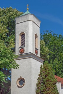 Tower of the cemetery chapel with clock, tower enlargement from 1839, Catholic cemetery, Kempten,