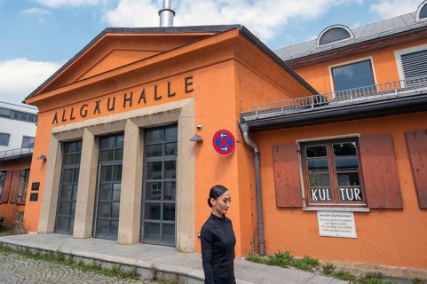 Façade with pointed gable, Allgäuhalle, Kempten, Allgäu, Bavaria, Germany