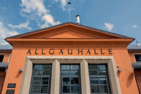 Façade with pointed gable, Allgäuhalle, Kempten, Allgäu, Bavaria, Germany