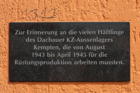 Memorial plaque on the facade of the Allgäuhalle, in memory of Jewish forced labourers, Kempten,