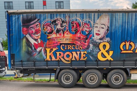 Lettering and logo on lorry trailer, Circus-Krone, Kempten, Allgäu, Bavaria, Germany