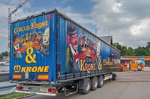 Lettering and logo on lorry trailer, Circus-Krone, Kempten, Allgäu, Bavaria, Germany