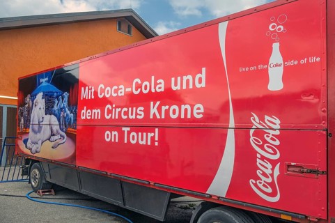 Circus wagon with Coca-Cola advertising, Circus-Krone, Kempten, Allgäu, Bavaria, Germany