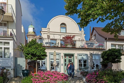 Houses at the Alter Strom, lighthouse, flowers, trees, Warnemünde, Rostock, Mecklenburg-Western