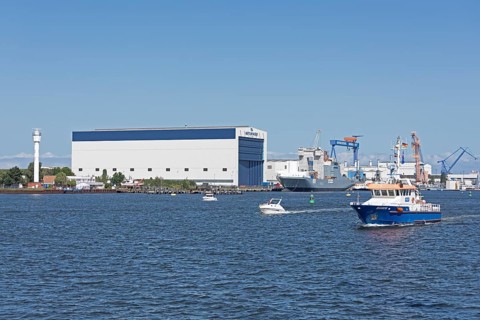 Neptun Werft, warship, police boat, Unterwarnow, Warnemünde, Rostock, Mecklenburg-Vorpommern,