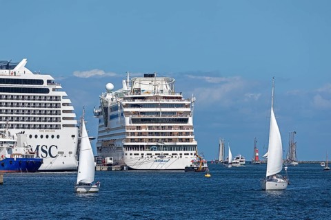 Cruise ships MSC Poesia and Aida mar in the harbour, sailing boats, Hanse-Sail, Unterwarnow,