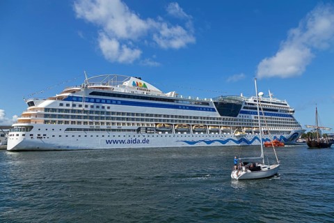 Cruise ship Aida mar in the harbour, sailing boat, Hanse-Sail, Unterwarnow, Warnemünde, Rostock,