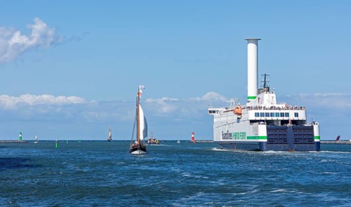 Scandlines Hybrid Ferry, sailing boats, pier lights, Hanse Sail, Unterwarnow, Hanse Sail,