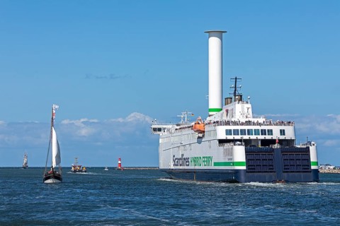 Scandlines Hybrid Ferry, sailing boats, pier lights, Hanse Sail, Unterwarnow, Hanse Sail,