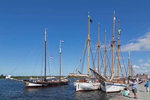 Sailing ships at the quay wall, Hanse-Sail, harbour, Rostock, Mecklenburg-Western Pomerania,