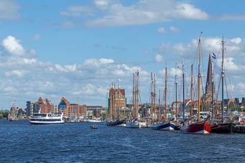 Excursion boat, sailing ships, Hanse-Sail, harbour, Rostock, Mecklenburg-Western Pomerania, Germany