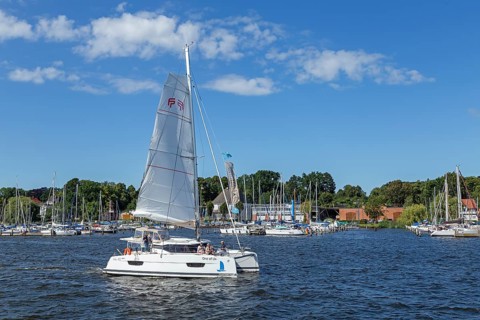 Sailing catamaran, Hanse-Sail, harbour, Rostock, Mecklenburg-Western Pomerania, Germany