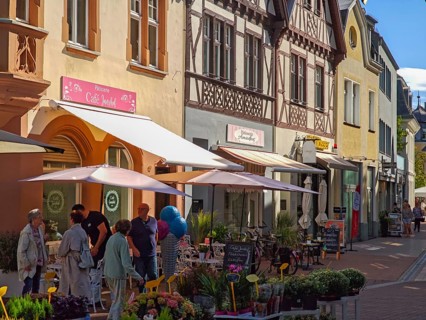 Street in pedestrian zone, French café, flower shop, traffic-calmed, old town, architecture,
