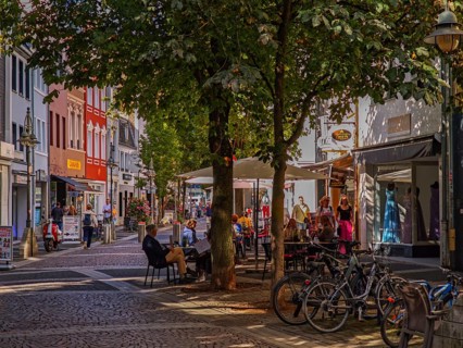 Pedestrian zone, traffic-calmed, old town, architecture, café, bicycles, trees, cobblestones,