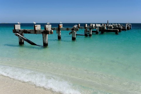 Beach and former jetty at Jurien Bay, Perth, Western Australia, WA, Indian Ocean, Australia