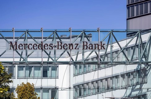 Mercedes Benz Bank Stuttgart. Exterior view with logo. Stuttgart, Baden-Württemberg, Germany