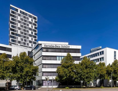 Mercedes-Benz Mobility. Exterior view with logo. Stuttgart, Baden-Württemberg, Germany
