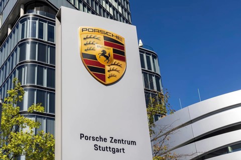 Porsche Centre Stuttgart. Façade with the car manufacturer's logo. Porsche Design Tower. Stuttgart,