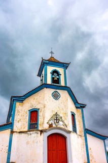 Perspective of the facade of a historic baroque church in the city of Mariana in Minas Gerais,