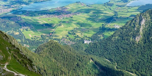 Panorama from the Säuling, 2047m, to Neuschwanstein Castle, Füssen, Schwangau, Sankt Coloman and