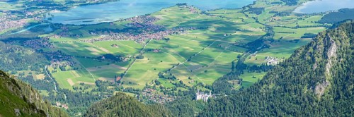 Panorama from the Säuling, 2047m, to Neuschwanstein Castle, Füssen, Schwangau, Sankt Coloman and