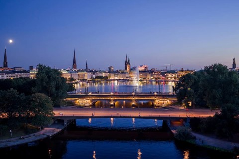 Aerial view of the Outer Alster and Inner Alster with Kennedy Bridge, Alster Fountain,